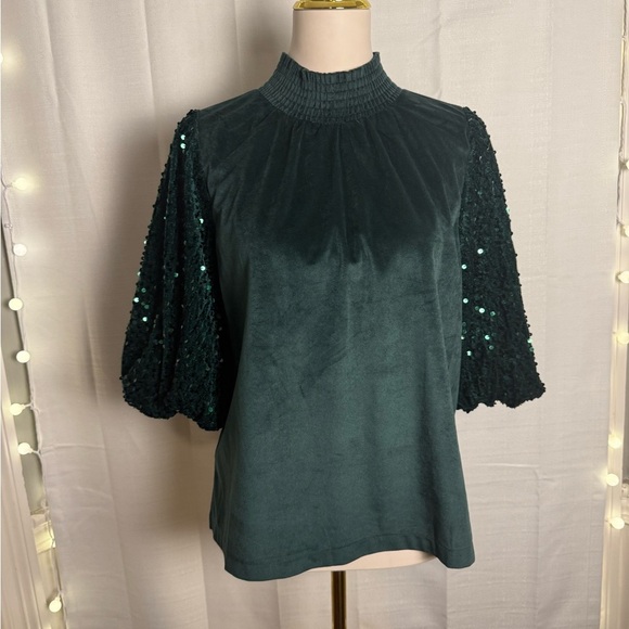 ODDY Green Pleated Sequin Blouse with Mandarin Collar - Picture 1 of 9